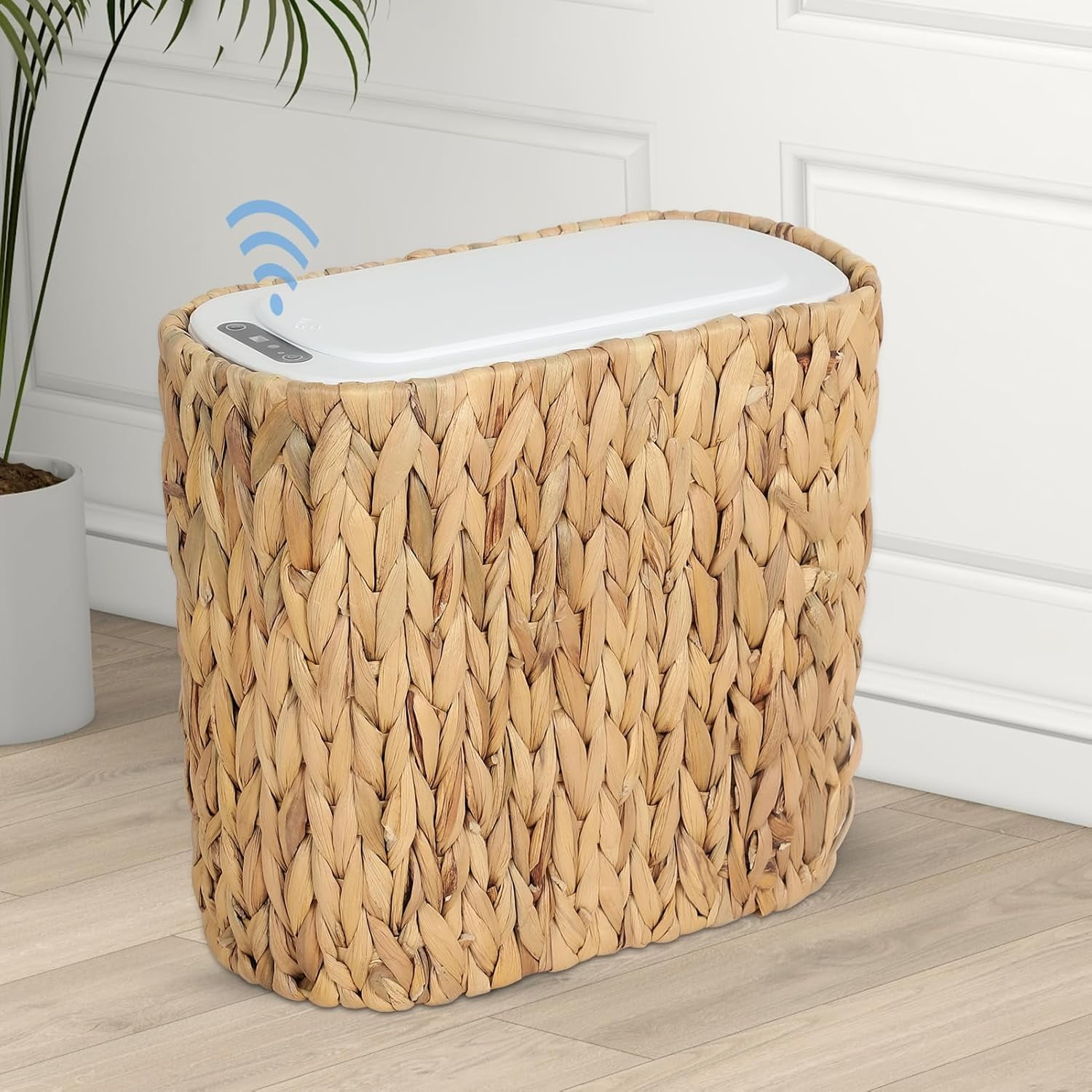 Boho Kitchen Trash Can with Lid,3.5 Gallon Automatic Small Rattan Trash ...