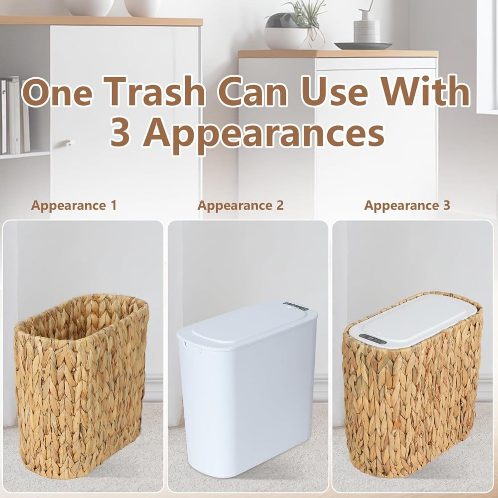 Boho Kitchen Trash Can with Lid,3.5 Gallon Automatic Small Rattan Trash ...