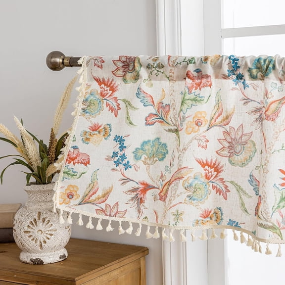 Boho Kitchen Valance Curtains Over Sink 1 Panel Farmhouse Linen Blend Window Valance with Tassels Shabby Chic Jacobean Floral Samll Window Drapes for Bathroom Living Room Rod Pocket W50 x L18 Inch