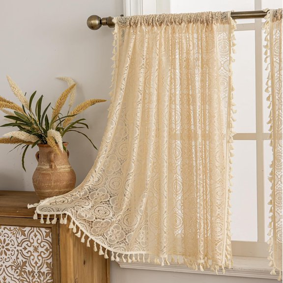 Boho Kitchen Window Curtains Over Sink 2 Panels, Beige Crochet Cafe Curtains Country Short Tassel Curtain Panels for Laundry Room Basement Bathroom Kitchen