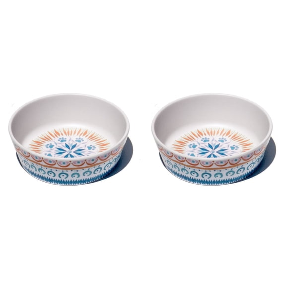 Boho Kitty Medallion Melamine Pet Bowl - Small - 1.5 Cups - Multicolor - Set of 2