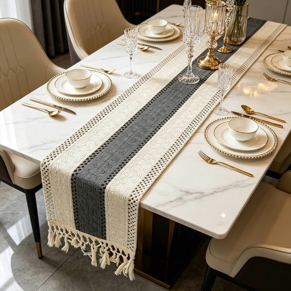 Boho Knitted Tassel Table Runner, Linen Tassel Table Runner, Cream Farmhouse Table Runner, Wedding Party Dining Decor, 12 x 47 Inch