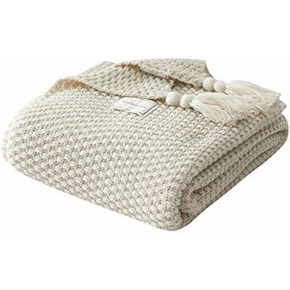 Boho Knitted Throw Blanket, Soft Lightweight Breathable Blanket for Sofa Bed Chair, All Seasons Beige 130x170cm