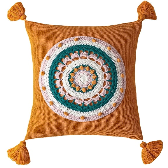 Boho Knitted Throw Pillow for Case with Tassels Colorful Round Floral Cushion Co