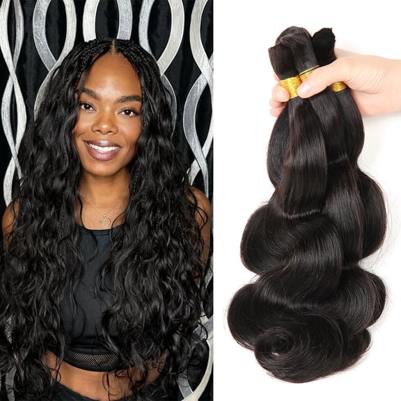 Boho Knotless Braids Human Hair Micro Braids Extension Hair Body Wave Human Bulk Hair 24 Inch 1pack (3bundles(300g) Natural Black Color