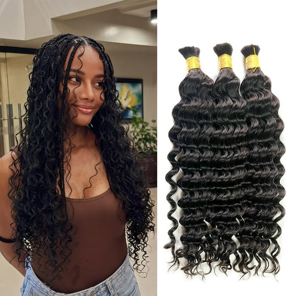 Boho Knotless Braids Human Hair Micro Braids Extension Hair Deep Curly Human Bulk Hair 16 Inch 1pack (3bundles(300g) Natural Black Color