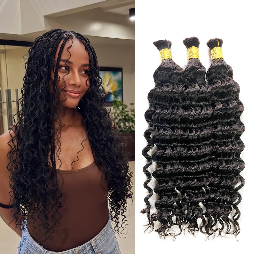 Boho Knotless Braids Human Hair Micro Braids Extension Hair Deep Curly Human Bulk Hair 20 Inch 1pack (3bundles(300g) Natural Black Color