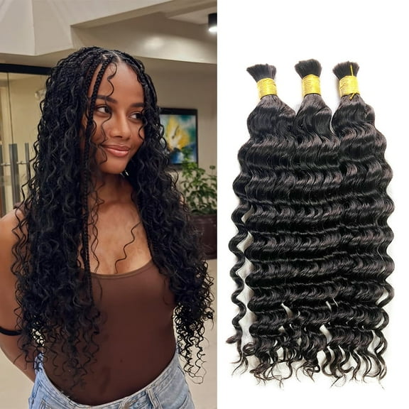 Boho Knotless Braids Human Hair Micro Braids Extension Hair Deep Curly Human Bulk Hair 22 Inch 1pack (3bundles(300g) Natural Black Color