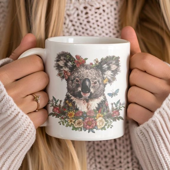 Boho Koala Coffee Cup, Cute Koala Bear Ceramic Mug Coffee Lovers, Koala Bear Gifup, Vintage Floral Animal , Outdoor Lover Gif.jpg