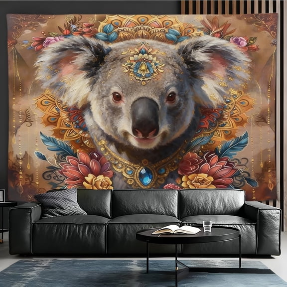 Boho Koala Tapestry, Mandala Floral Crown Animal Wall Hanging, Ornate Gold Jewel Watercolor Art, Aesthetic Fabric Tapestry Decor 30x40inch