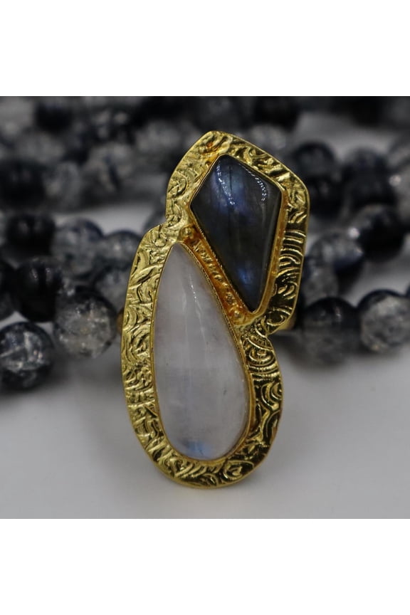 Boho Labradorite & Moonstone Brass Ring, Engraved Spiritual Jewelry, Unique Handmade Gift Engraved Celestial Design, Healing Crystal Jewelry