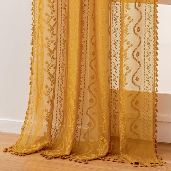 Boho Lace Curtains 2 Panels 63 Inch -Victorian Sheer Panel Drape French Country Floral Pattern & Tassel Light Filtering Privacy for Bedroom Dining Living Room,Coastal Decor,Yellow,W52x L63