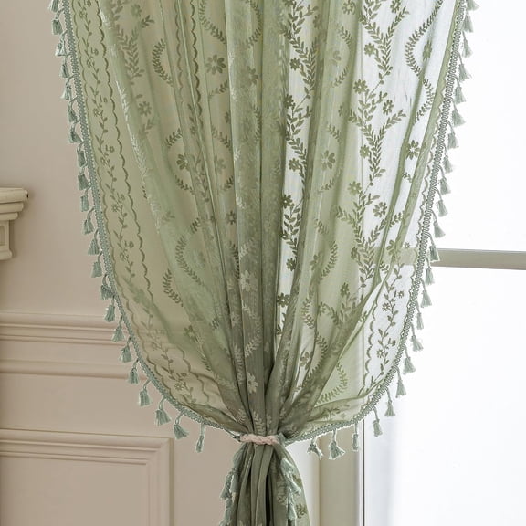 Boho Lace Curtains 2 Panels 63 Inch -Vintage Victorian Sheer Panel Drape French Country Floral Pattern & Tassel Light Filtering Privacy for Bedroom Dining Living Room,Light Sage Green,W52x L63