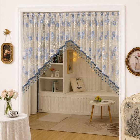 Boho Lace Short Door Curtain 2 Panels with Tassels, Floral Sheer Beaded Curtains for Open Closet Windows Living Room Vintage Cottage Chic Decor