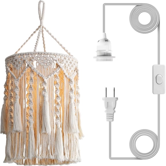 Boho Lamp Shade,Boho Hanging Lamp Handmade Macrame Lamp Shade Plug in Pendant Light,Bohemian Hanging Lights with Plug in Cord Light Fixtures for Boho Bedroom Decor Living Room (Type 3)