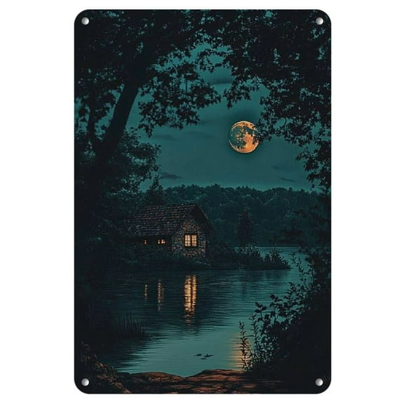 Boho Landscape Iron Wall Art, Vintage Oil Painting Style Lakeside House at Night, 8x12 Inch Pre-Drilled Metal Sign for Home, Bar, Garage, Club, Restaurant, Cafe - Multipurpose Bohemian Hanging Decor