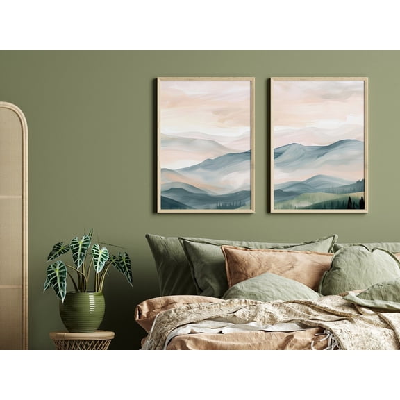 Boho Landscape Modern Mountain Landscape in Pictures Boho-Style Two-Piece Wall Art Duo in Green Beige Gray Set 2 Stretched Canvas