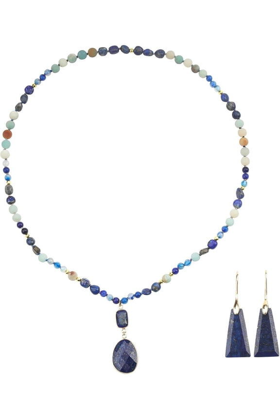 Boho Lapis Lazuli Jewelry Set for Women Handmade Natural Stone Beaded Long Necklace Earrings Set Amazonite Rhodochrosite Vintage Elegance Ideal Gift for Her