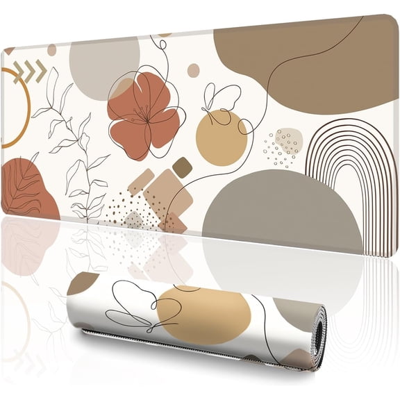 Boho Large Desk Mat (31.5 x 11.8 Inch), Abstract Minimalist Mouse Pad with Stitched Edges, Beige Terracotta Line Art Floral Keyboard Mat, Non-Slip Laptop Pad, Modern Home Office Decor