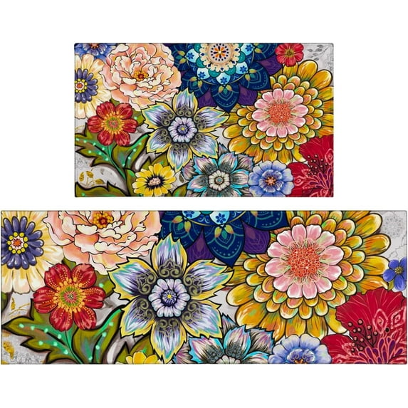 Boho Large Floral Kitchen Rugs Set 2 Piece Colorful Decorative Rug Runner Low-Profile Floor Mats Decorations for Home Kitchen(17"x48"+17"x30")