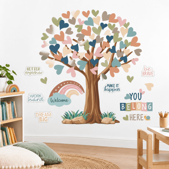 Boho-Large Heart Tree Classroom Bulletin Board Decor Set with Motivational Cutouts