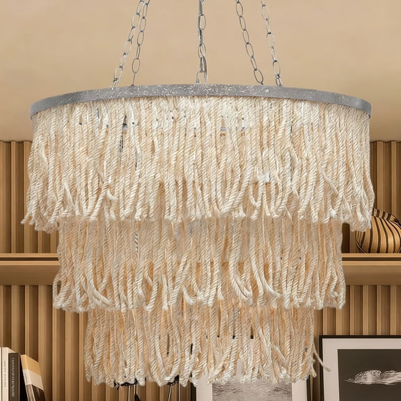 3-Tier Bleached Rope Chandelier, 30 Inch Boho Coastal Pendant Lights, Woven Hemp Rope Hanging Ceiling Lights for Kitchen Island, Dining Room, Living Room