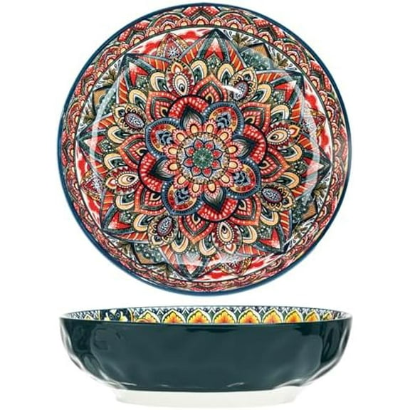 Boho Large Serving Bowls, 10.2 Inch Fruit Salad Bowls, Decorative Serving Dishes for Entertaining, 80 OZ Pasta Bowls Set of 2, Vibrant Colorful Soup Bowls for Party, Home Decor, Bohemian Style Gift