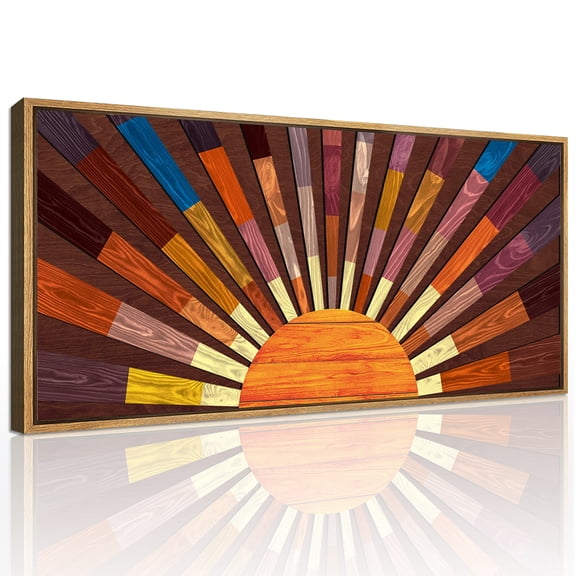 Boho Large Sun Wood Wall Art Mid Century Wooden 3D Framed Wall Painting Abstract Sun Rising on the Horizon Geometric Wall Decor Sunshine Artwork for Living Room Bedroom Office 20x40 Inch