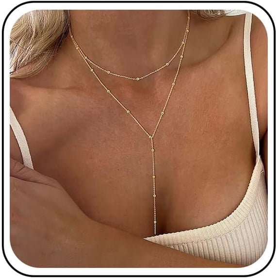 Boho Layered Bead Y Lariat Necklace Gold Bead Y Necklace Y Shaped Necklace Satellite Chain Y Drop Necklace Long Chain Necklace Jewelry for Women
