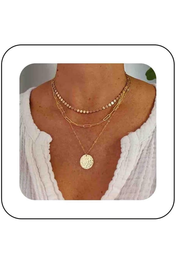 Boho Layered Disc Coin Necklace Choker Hammered Disc Pendant Necklace Tiny Disc Chain Necklace Gold Paperclip Chain Necklace Jewelry for Women