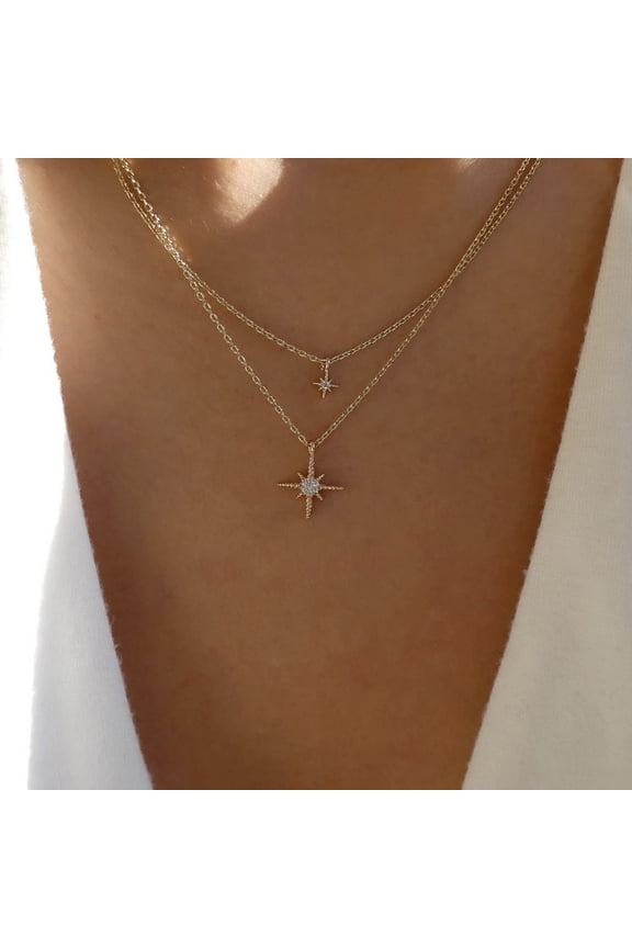 Boho Layered Northstar Necklace Crystal North Star Pendant Necklace Cz Star Choker Necklace Gold Rhinestone Starburst Necklace Jewelry for Women