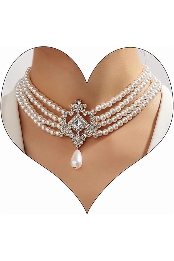 Boho Layered Pearl Rhinestones Choker Necklace Vintage Chunky Pearl Crystal Pendant Short Necklace Chain Bridal Prom 1920s Costume Party Jewelry for Women
