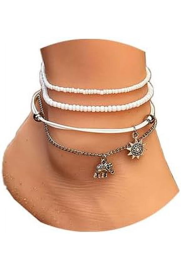 Boho Layered Sun Elephant Anklets White Beads Weave Anklets Dainty Beach Foot Chain Jewelry Accessories For Women[o6128]