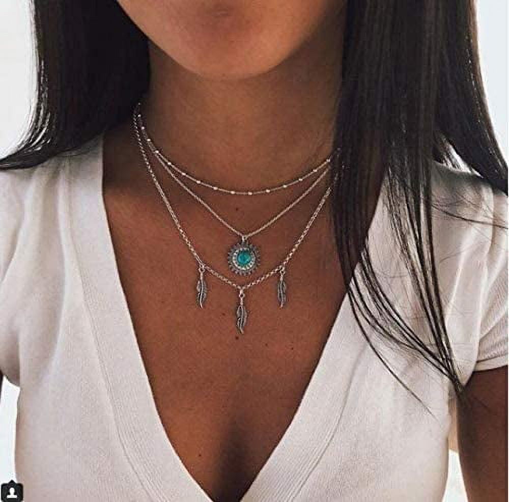 Boho Layered Turquoise Necklaces Silver Leaf Pendant Necklace