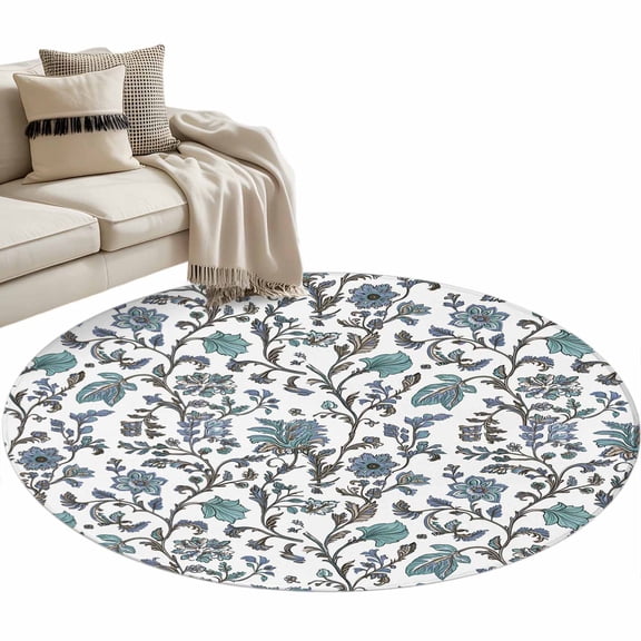 Boho Leaf 3ft Area Rug, Teal Green Spring Farmhouse Pastoral Tribal Washable Non-Slip Small Round Rugs for Entryway Bedroom Kitchen, Soft Circle Carpet for Dining Room, Playroom Nursery Rug