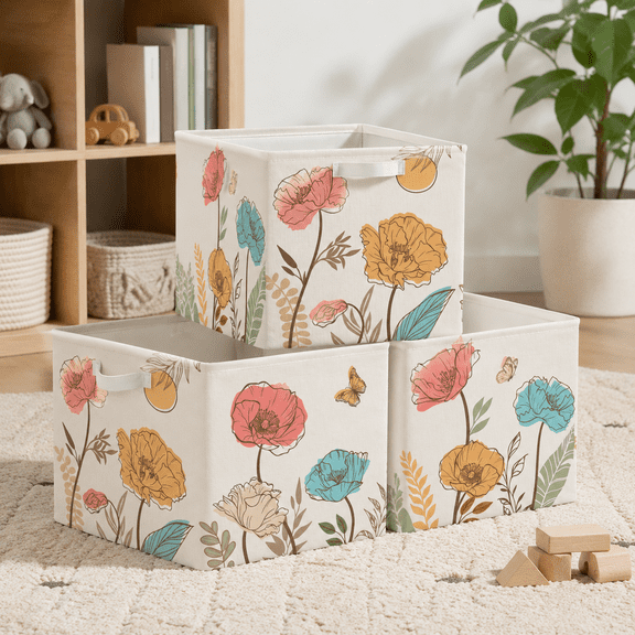 Boho Leaf 3pcs/set Fabric Storage Cube Organizer Bins for Closet and Home Organization