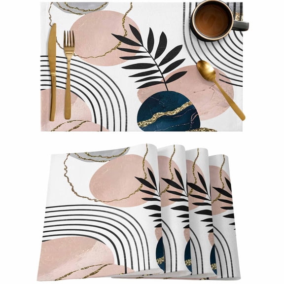 Boho Leaf Arch Sun Placemats Set of 4,Wipeable Washable Table Mats for Dining Tables,Abstract Geometric Stripe Place Mats for Kitchen Event Party Tabletop Decor