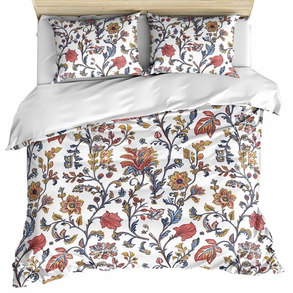 Boho Leaf Bedding 3 Piece Duvet Cover Set Full Size, Orange Red Spring Farmhouse Pastoral Tribal Soft Microfiber Comforter Cover with Zipper Closure & Pillowcases, Wrinkle & FadeResistant Quilt Cover