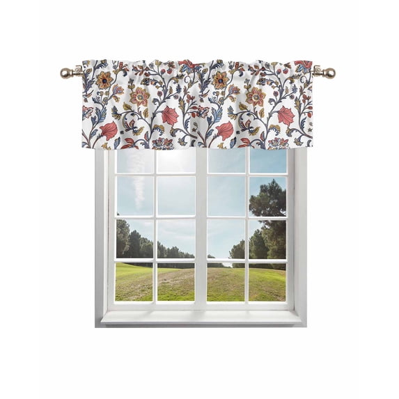 Boho Leaf Curtain Valance for Windows/Living Room/Kitchen/Bathroom/Café, Short Rod Pocket Tier Curtain Window Treatment Panel Orange Red Spring Farmhouse Pastoral Tribal Topper Curtain 42''x12''
