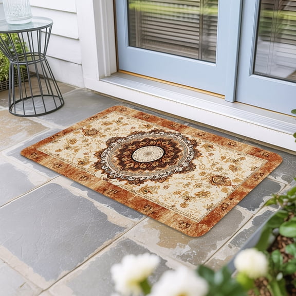 Boho Leaf Door Mat Indoor Outdoor,Orange Rustic Tribal Patterns Ethnic Bohemian Non Slip Welcome Mat with Rubber Backing,Absorbent Fabric Front Door Mats Entryway Rug for Home Patio Entrance 24"x36"