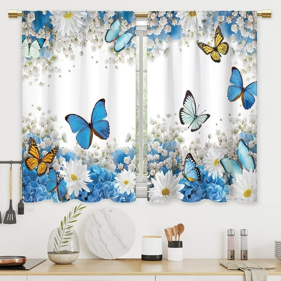 Teal Floral Butterfly Kitchen and Bathroom Curtains - Daisy Floral Pattern - 28x40" Tiered Spring Cafe and Bedroom Short French Door Curtains with Rod Cover, 2-Pack