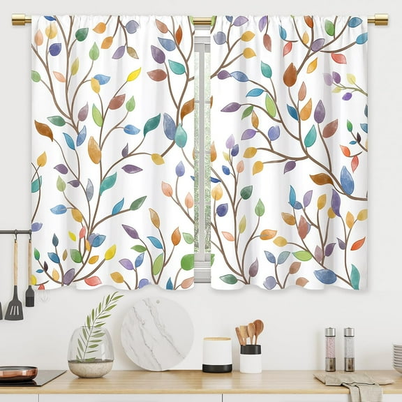 Boho Leaf Floral Kitchen Curtains Colorful Botanical Leaves Bathroom Curtains Window Treatment Drapes Tier Bohemian Plant Cafe Small Bedroom Short French Door Curtains 2 Panels 27.5x39 Inch