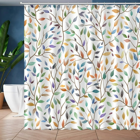 Boho Leaf Floral Shower Curtain, Spring Summer Modern Colorful Botanical Leaves Bohemian Fabric Shower Curtain Set with 12 Hooks, Bathroom Accessories Decor Cloth Curtain 72x72 Inches