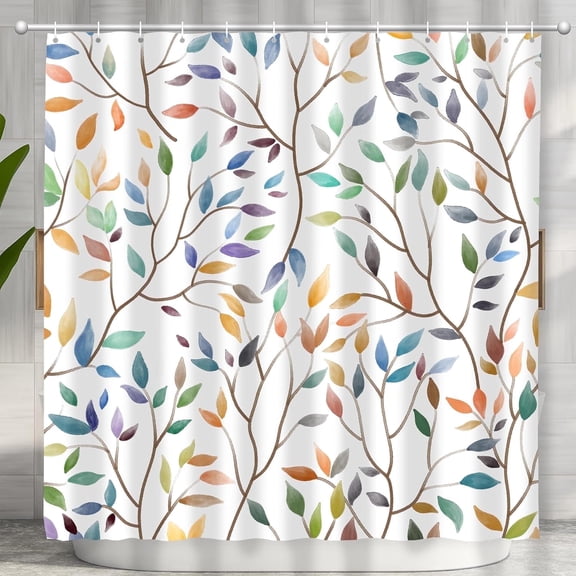Boho Leaf Floral Shower Curtain, Spring Summer Modern Colorful Botanical Leaves Bohemian Fabric Shower Curtain Set with 12 Hooks, Bathroom Accessories Decor Cloth Curtain 72x72 Inches