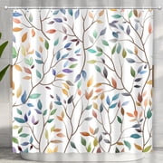 Boho Leaf Floral Shower Curtain, Spring Summer Modern Colorful Botanical Leaves Bohemian Fabric Shower Curtain Set with