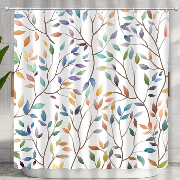 Boho Leaf Floral Shower Curtain, Spring Summer Modern Colorful Botanical Leaves Bohemian Fabric Shower Curtain Set with 12 Hooks, Bathroom Accessories Decor Cloth Curtain 72x72 Inches