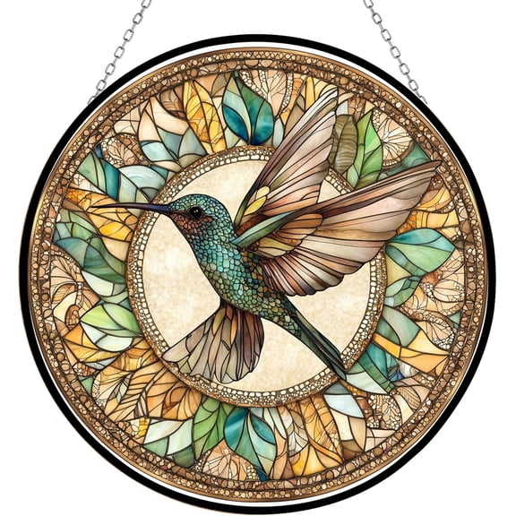 Boho Leaf and Hummingbird Stained Glass Window Hanging Window Suncatcher Glass Panel with Metal Chain Sun Catchers Wall Art Home Decor Gift for Women Mother's Day