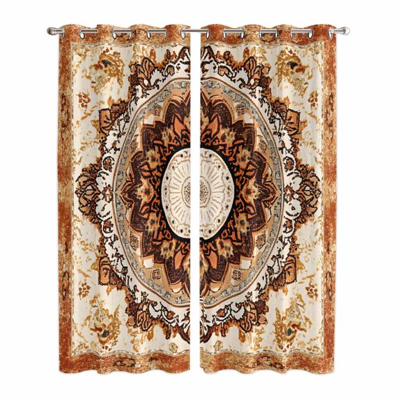 Boho Leaf Kitchen Curtains 84 Inch Length, Orange Rustic Tribal Patterns Ethnic Bohemian Grommet Top Bedroom Living Room Curtains, Light Filtering Cafe Curtain Drapes 2 Panels Set 84''x84''