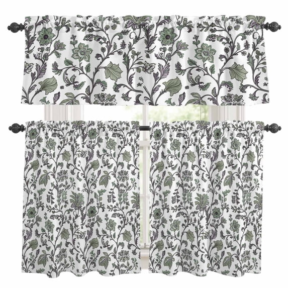 Boho Leaf Kitchen Curtains Sets for Windows 24 Inch Length, Sage Green Spring Farmhouse Pastoral Tribal Rod Pocket Window Treatments Tier Curtains and Valances Set for Bedroom/Bathroom