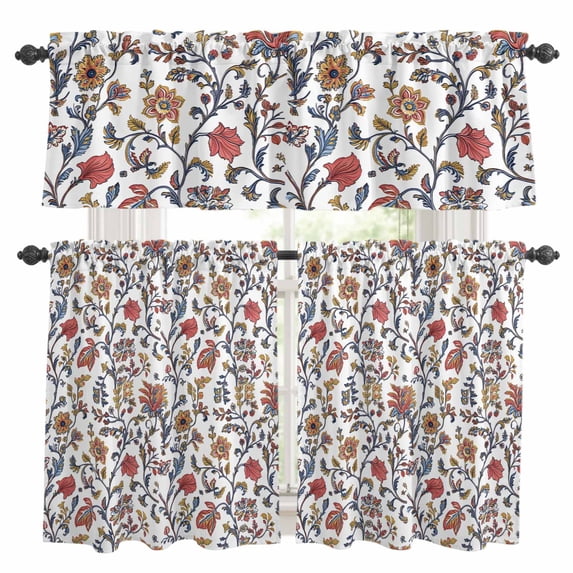 Boho Leaf Kitchen Curtains Sets for Windows 36 Inch Length, Orange Red Spring Farmhouse Pastoral Tribal Rod Pocket Window Treatments Tier Curtains and Valances Set for Bedroom/Bathroom